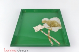 Small green square lacquer tray hand-painted with lotus 22 cm